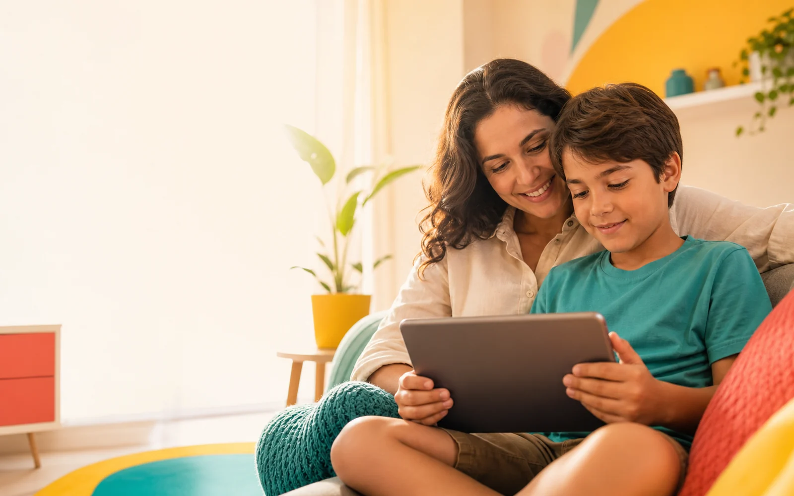 Mãe e filho usando um tablet juntos em um ambiente acolhedor