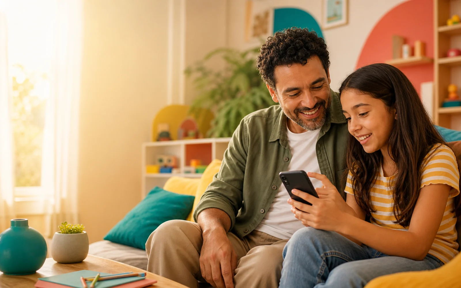 Pai e filha conversando enquanto usam um celular juntos